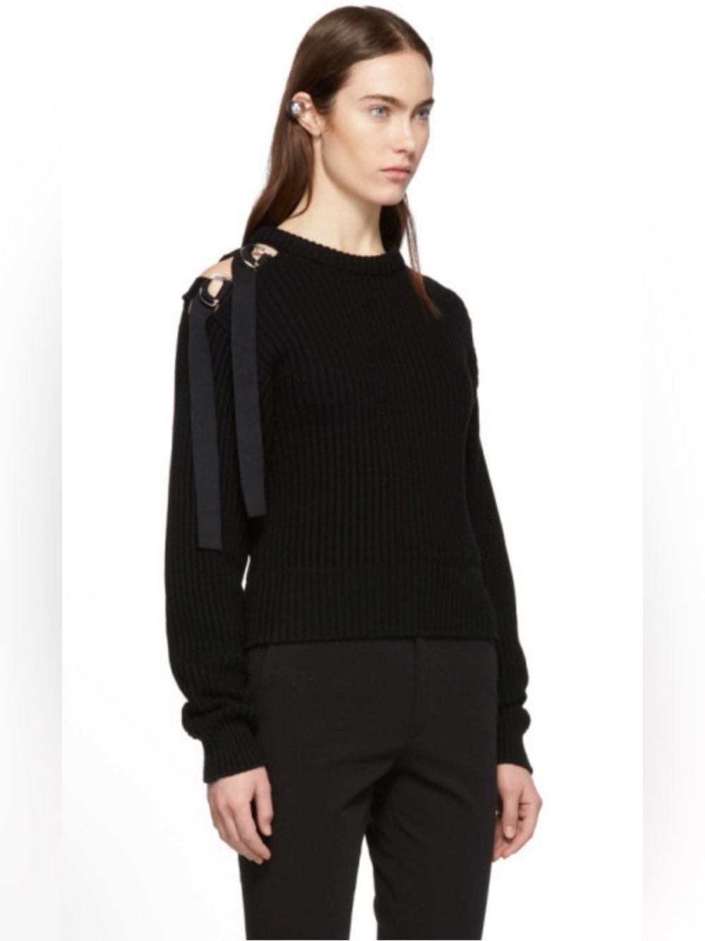 Helmut Lang Black Ribbed Buckle Shoulder Sweater size M Fall 2018